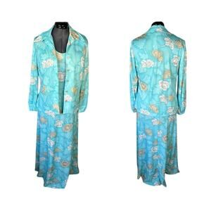 maxi dress with jacket floral blue tan 1970s